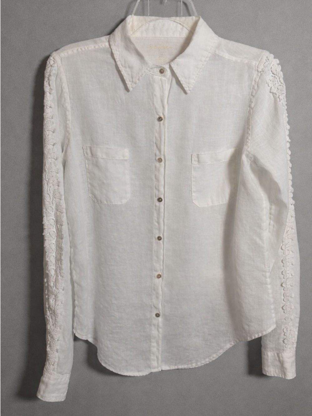Lilly Pulitzer White 100% Linen Sea View Button Down Shirt Crochet Lace Sleeve